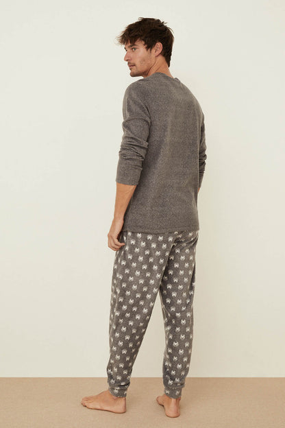 Light gray Spider-Man long-sleeve pajama top and gray printed cuff pants