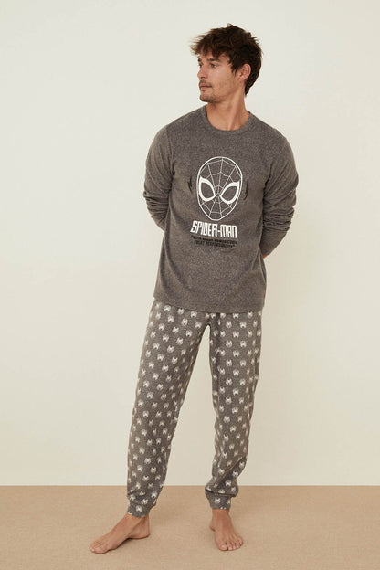 Light gray Spider-Man long-sleeve pajama top with matching patterned pants
