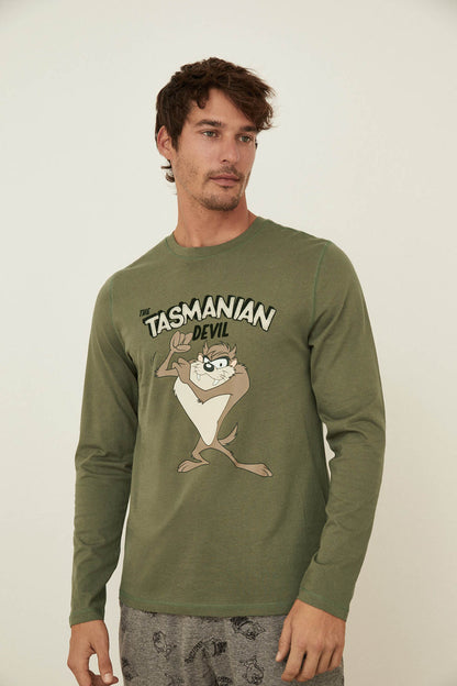 Men'secret green long-sleeve pajama top with Tasmanian Devil graphic