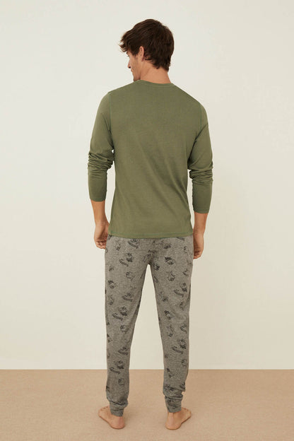 Men'secret green long-sleeve pajama top and gray printed pants (back)
