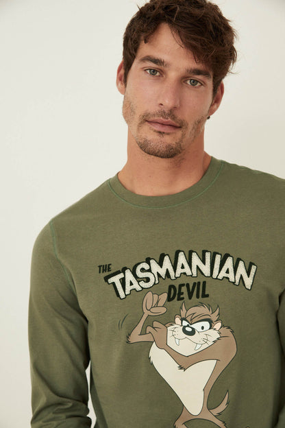 Men'secret green long-sleeve pajama top with Tasmanian Devil print