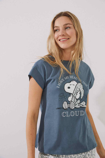 Blue short-sleeve graphic pajama T-shirt with Snoopy-style character print