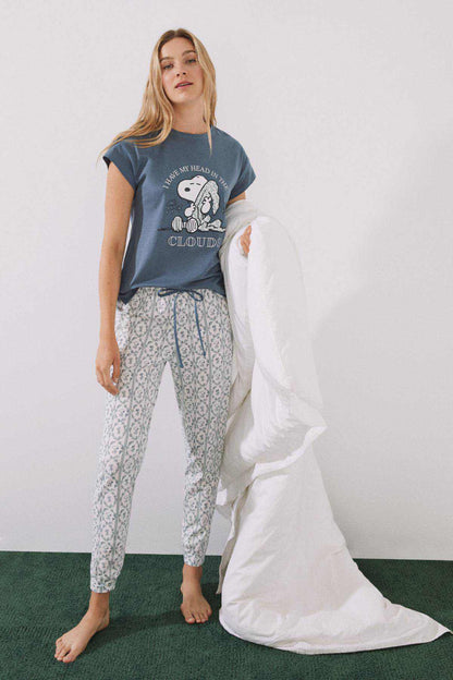 Blue graphic short-sleeve pajama top with patterned drawstring pants, women’s set