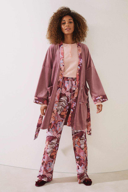 Mauve pink floral robe with belted waist and long sleeves