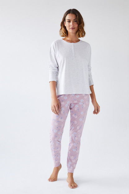Women'secret light gray henley pajama set with lilac printed pants