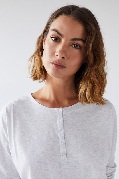 Women'secret light gray henley pajama top close-up with round neck and front buttons