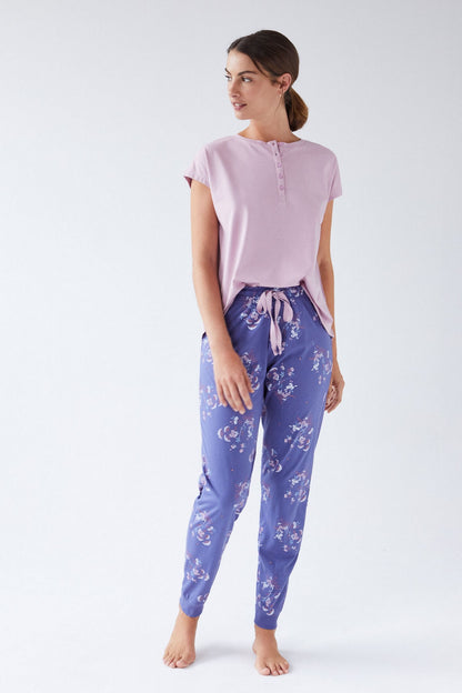 Women'secret lilac henley pajama top and blue floral drawstring pants, short sleeve