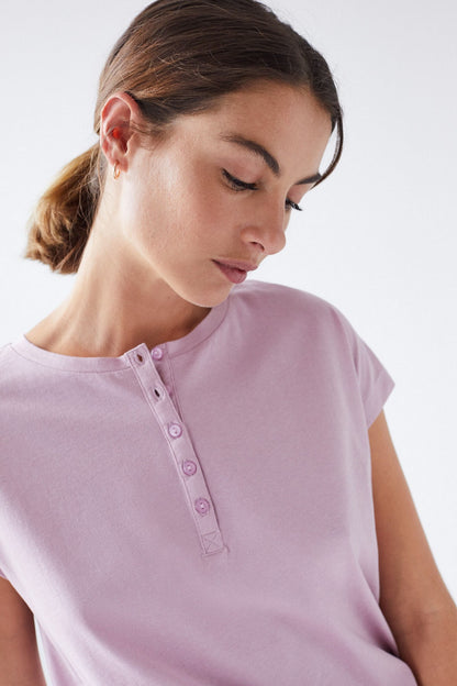 Women'secret lilac pajama top close-up, short henley buttons on neckline