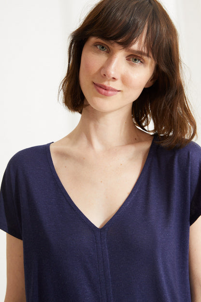 Navy V-neck short-sleeve pajama top, close-up of neckline and drape