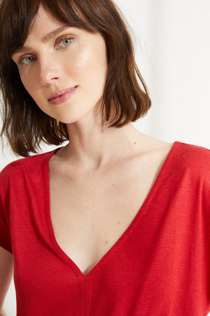 Women'secret red V-neck short-sleeve top, draped neckline detail