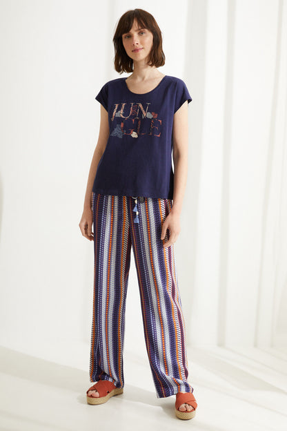 Women'secret navy graphic T-shirt with multicolor striped pajama pants