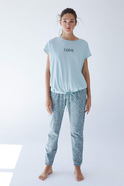 Women'secret pajama set with blue 'LOVE' tee and paisley print pants