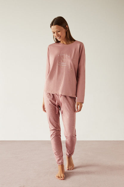 Women's dusty pink pajama set with long-sleeve top and jogger pants