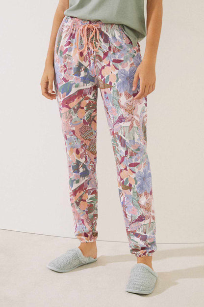 Women'secret printed pajama pants, lilac-blue floral pattern with drawstring waist