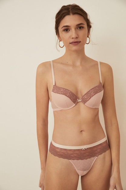 Pink lace bra and briefs set with lace trim, full view