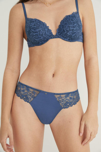 Medium blue lace bra and matching lace-trim briefs set