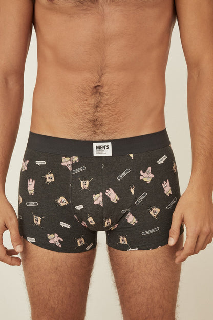 Men's boxer shorts in dark fabric with small character print and brand waistband