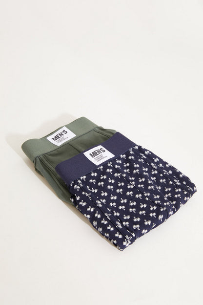 Men'secret men's boxer shorts set, olive solid and dark navy print, folded