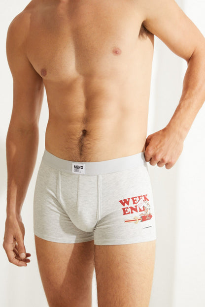 Men's grey boxer briefs with waistband label and red graphic on the leg
