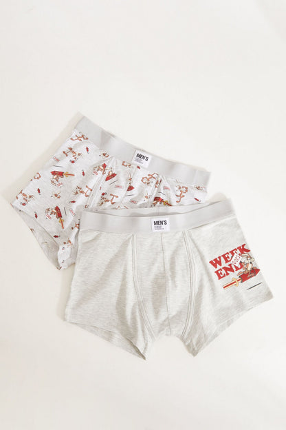 Two-pack boxer briefs: one grey pair and one white printed pair