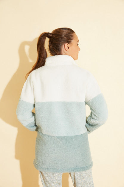 Women'secret fleece zip hoodie, off-white yoke and light blue back