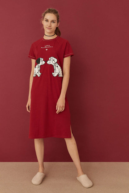 Red women's short-sleeve nightdress with dalmatian graphic and heart detail