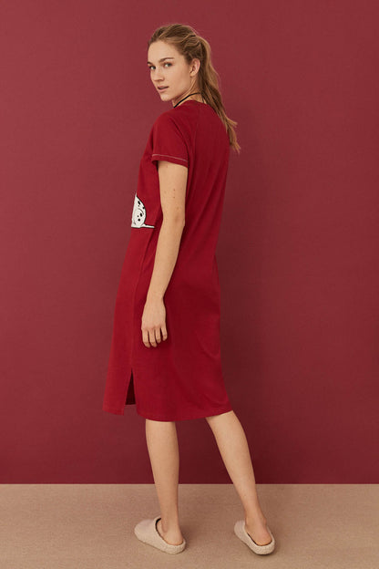 Red women's short-sleeve nightdress side view with small dalmatian chest print