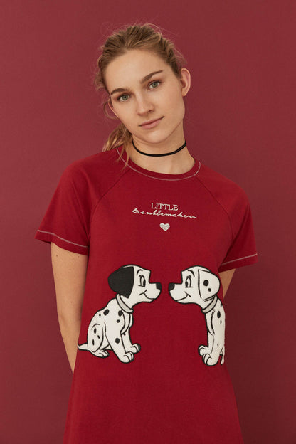 Red women's short-sleeve nightdress front with dalmatians graphic and text