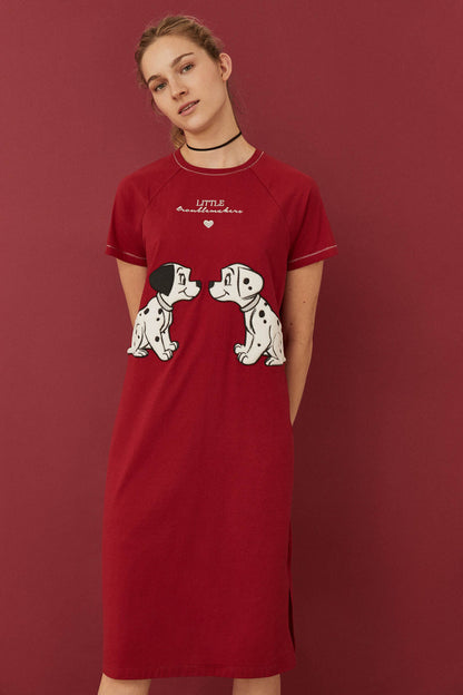 Red women's short-sleeve nightdress with dalmatian graphic and crew neck