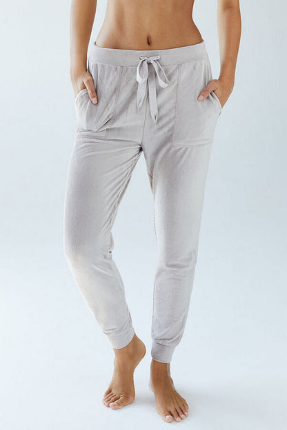 Women's lounge jogger pants, light sand/gray, drawstring waist and tapered cuffs