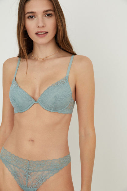 Light blue lace bra and matching panties set with underwire cups