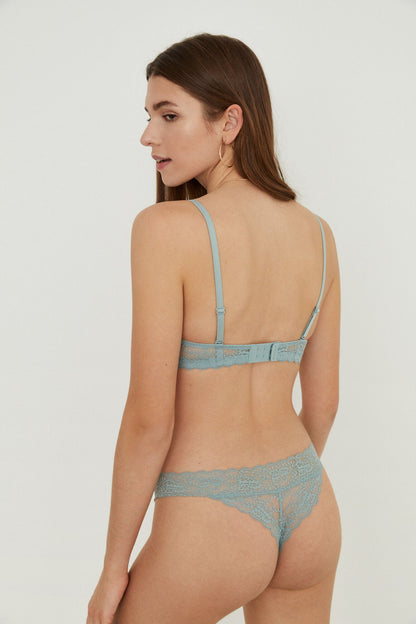 Light blue lace bra with back straps and matching panties