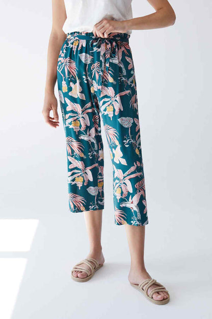 Women's tropical floral navy capri pants with gathered elastic waist
