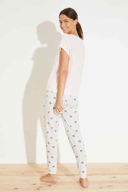 Light pink graphic pajama set: short-sleeve T-shirt and matching printed pajama pants