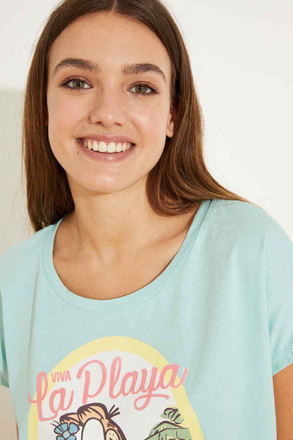 Women'secret light blue crew-neck pajama top with 'La Playa' graphic (close-up)