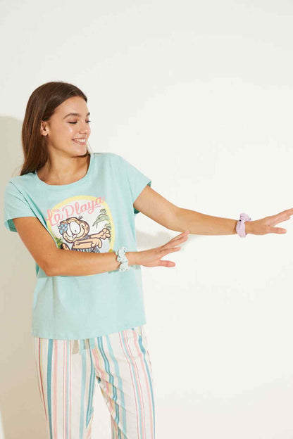 Women'secret light blue short-sleeve pajama top with graphic, striped lounge pants