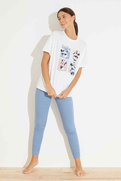 Women'secret ivory graphic T-shirt with short sleeves and Mickey-style print; blue leggings