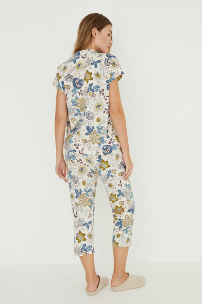Women'secret printed pajama set with capri pants, short-sleeve button shirt