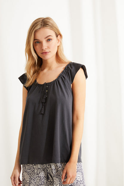 Women'secret charcoal grey sleeveless pajama top with tassel tie and patterned capri pants
