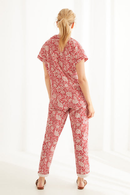 Women'secret maroon printed pajama set with short-sleeve top and ankle pants, back view