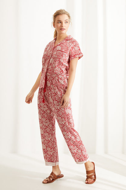 Women'secret maroon printed pajama set with short-sleeve top and ankle pants