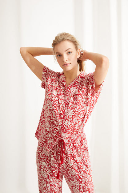 Women'secret maroon printed short-sleeve pajama top with matching ankle pants