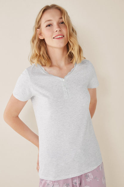 Women'secret heather gray henley pajama top with short sleeves and button placket
