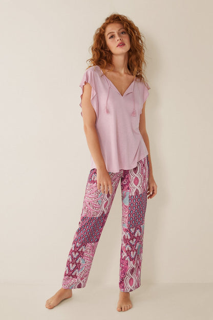 Women'secret purple pajama set: V-neck short-sleeve top & patterned pants