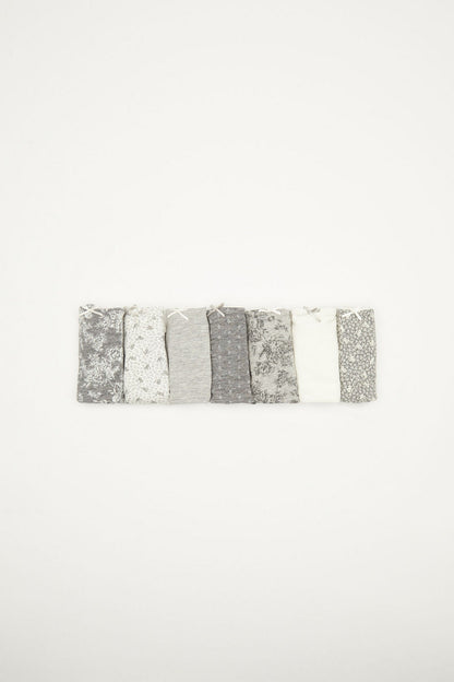Grey print and white bikini briefs, folded assortment