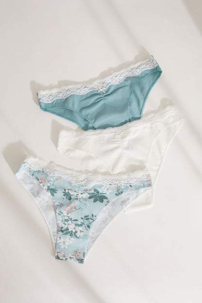 Lace-trim bikini briefs set: teal solid and white floral with scalloped elastic edges