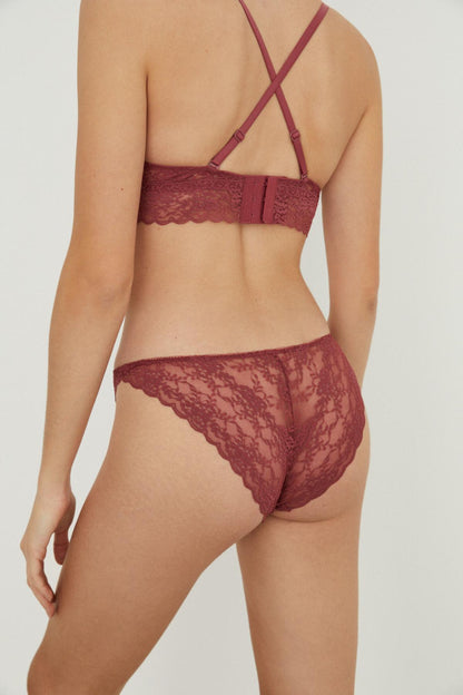 Back strappy burgundy lace bra and matching thong