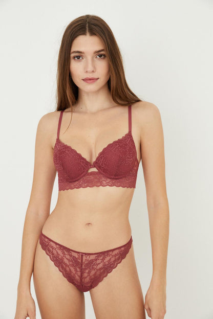 Burgundy lace bra and thong set with V-style lace trim