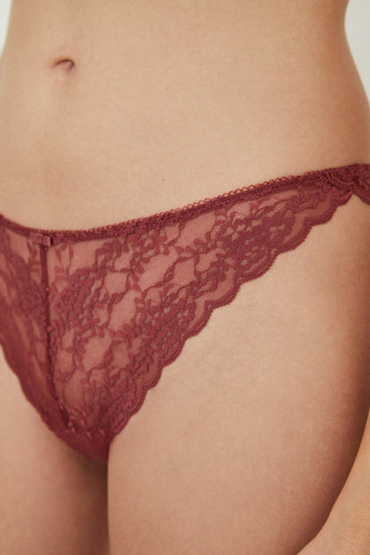 Burgundy lace thong with scalloped lace waistband