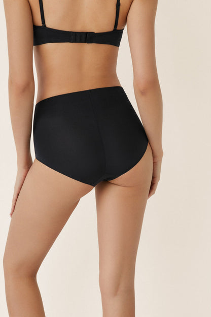 Black high-coverage briefs with adjustable bra straps and smooth finish